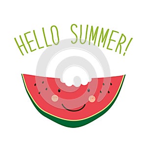 Cute card Hello summer as funny hand drawn cartoon character of watermelon
