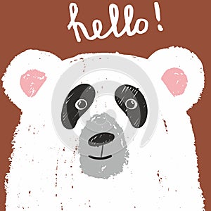 Cute card with lovely white bear drawn with colored crayons isolated on brown background. Hello!