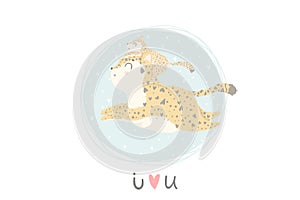 Cute card with mother leopard with her child.