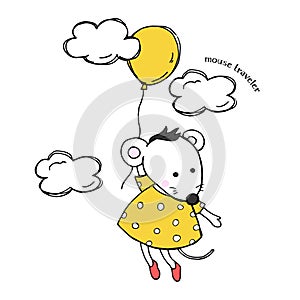 Cute card with a mouse in a yellow dress. Mouse flying in a balloon among the clouds. Colorful vector illustration in