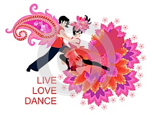 Cute card with tango dancers in bright fantasy costumes, decorated paisley and flowers. International Dance Day. Concert poster.