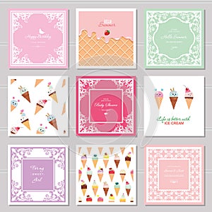Cute card templates set for girls. Including frames, seamless patterns with sweets. birthday, wedding, baby shower