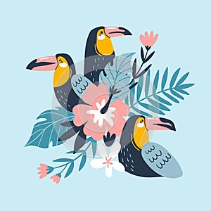 Cute card with toucans and tropical flowers. Vector design element or print for t-shirt