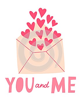 Cute card for Valentine's Day, hand draw cute envelope with heart, lettering YOU and ME.