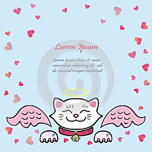 Cute card with white Cat, pink angel wings