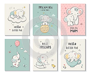 Cute cards with little elephant, vector characters set