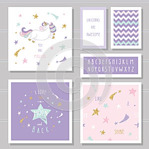 Cute cards with unicorn and gold glitter stars. For birthday invitation, baby shower, Valentine`s day.