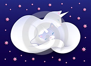 Cute care mother cat unicorn and baby caticorn sleeping. Vector paper cut style animal, kawaii 3D illustration on night sky