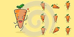 cute carrot character with smile and happy expression, jump, mouth open and sparkling eyes