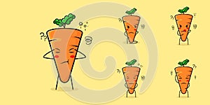 cute carrot character with thinking expression. green and orange