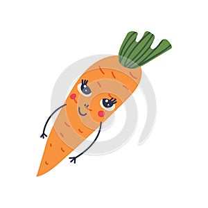 Cute Carrot with Smiling Face, Adorable Funny Vegetable Cartoon Character Vector Illustration