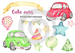 Cute cars beetle and birthday balloons watercolor clipart set