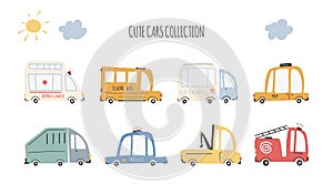 Cute cars collection. Cartoon funny transport. Vector cartoon illustrations in simple childish hand-drawn Scandinavian style