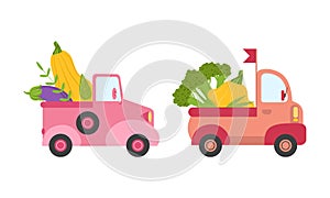 Cute Cars Delivering Vegetables, Small Trucks Shipping Zucchini, Eggplant, Broccoli Fresh Vegetables Cartoon Vector