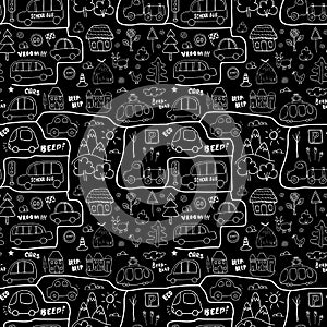 Cute Cars Seamless Pattern, Cartoon transportation Doodles Background, vector Illustration