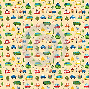 Cute Cars Seamless Pattern, Cartoon transportation Doodles Background, vector Illustration