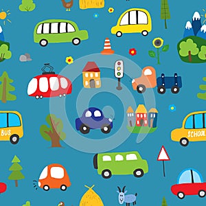 Cute Cars Seamless Pattern, Cartoon transportation Doodles Background, vector Illustration