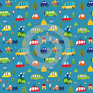 Cute Cars Seamless Pattern  Cartoon transportation Doodles Background  vector Illustration