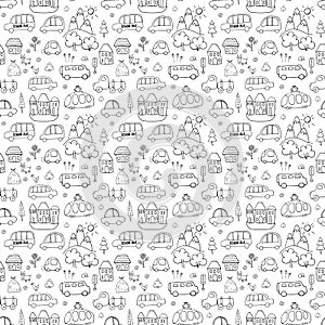 Cute Cars Seamless Pattern, Cartoon transportation Doodles Background, vector Illustration