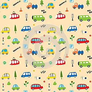 Cute Cars Seamless Pattern  Cartoon transportation Doodles Background  vector Illustration