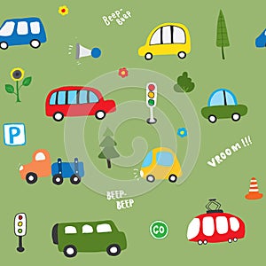 Cute Cars Seamless Pattern, Cartoon transportation Doodles Background, vector Illustration