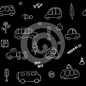 Cute Cars Seamless Pattern, Cartoon transportation Doodles Background, vector Illustration