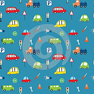 Cute Cars Seamless Pattern  Cartoon transportation Doodles Background  vector Illustration