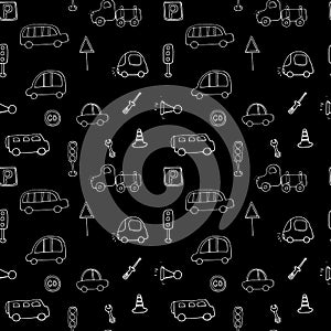 Cute Cars Seamless Pattern, Cartoon transportation Doodles Background, vector Illustration