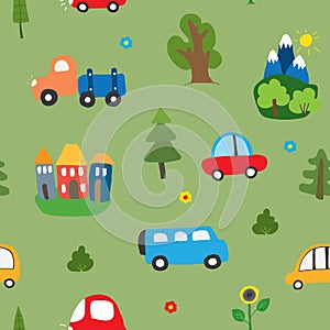 Cute Cars Seamless Pattern, Cartoon transportation Doodles Background, vector Illustration