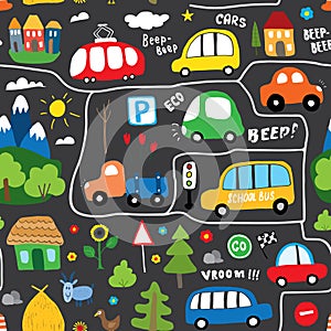 Cute Cars Seamless Pattern  Cartoon transportation Doodles Background  vector Illustration