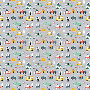 Cute Cars Seamless Pattern, Cartoon transportation Doodles Background, vector Illustration