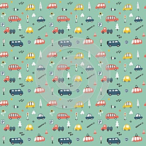 Cute Cars Seamless Pattern, Cartoon transportation Doodles Background, vector Illustration