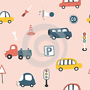 Cute Cars Seamless Pattern, Cartoon transportation Doodles Background, vector Illustration