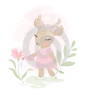Cute carton vector illustration. Deer girl watering flowers
