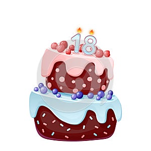 Cute cartoon 18 year birthday festive cake with candle number eighteen. Chocolate biscuit with berries, cherries and blueberries.