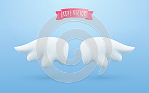Cute cartoon 3d white wings on blue background. Vector two plastic angel wings illustration. 3d realistic minimal render