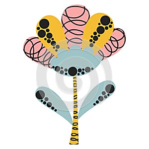 A cute cartoon abstract flower with patterned petals, stem and leaves in gentle pink, yellow, gray-blue colors on a white backgrou