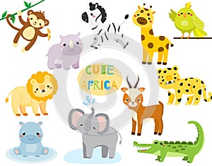 Cute cartoon african animals set. Monkey, rhion, lion and other savannah wildlife for kids and children