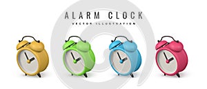 Cute cartoon alarm clock. 3d realistic table clock with shaddow. Vector illustration