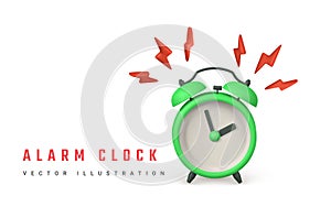 Cute cartoon alarm clock with lightning. 3d realistic table clock with shaddow. Vector illustration