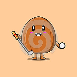 Cute cartoon Almond nut character playing golf