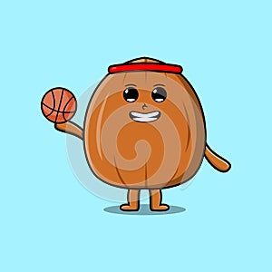 Cute cartoon Almond nut playing basketball