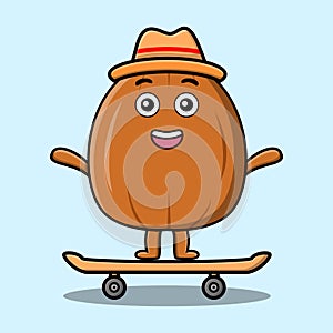 cute cartoon Almond nut standing on skateboard