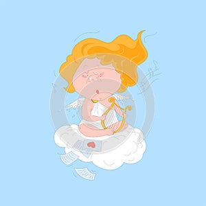 Cute cartoon angel cupidon sings a love song and plais on arpha, sits on white cloud in the sky.