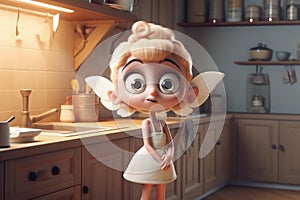 Cute Cartoon Angel With Very Big Eyes And A Pitying Look Of The Kitchen. Generative AI