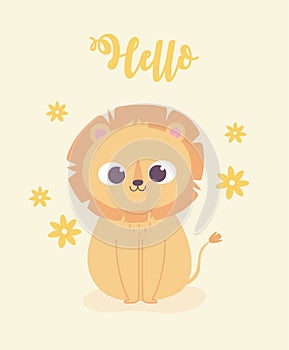 Cute cartoon animal adorable wild character little lion wild with flowers