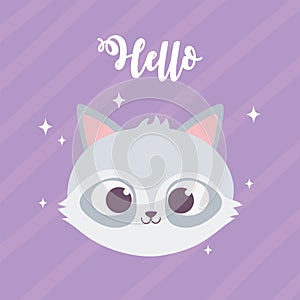 Cute cartoon animal face adorable little raccoon purple background