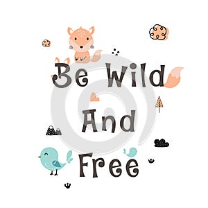 Cute cartoon animal fox and bird with text \