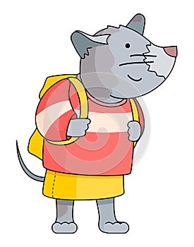 Cute cartoon animal mouse student or pupil with yellow backpack, smiling, grey mousy girl in skirt