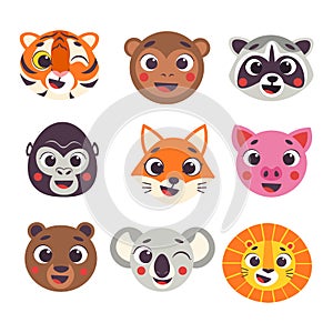 Cute cartoon animals faces set part 1. Vector illustration isolated on white background. Tiger, monkey, raccoon, gorilla, fox, pig